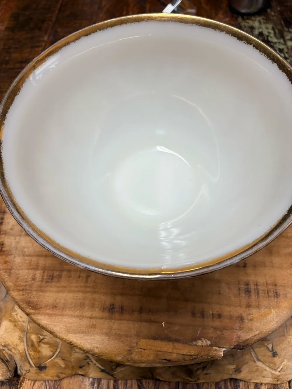 Vintage Anchor Hocking Ivory Embossed Glass Punch Bowl with Gold Rim 5”X 10”
